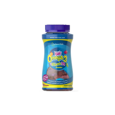 A bottle of Puritan's Pride Childrens Omega 3, DHA & D3 120 Gummies provides immune support while enhancing bone health and brain development.